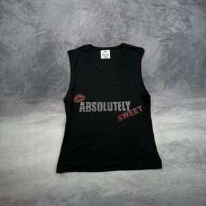 Get Lucky Vintage Y2K Rhinestone Tank Top Black Absolutely Sweet Lips Mens M